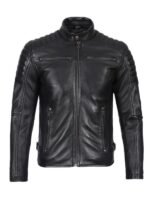 Mens Black Quilted Biker Leather Zipper Jacket