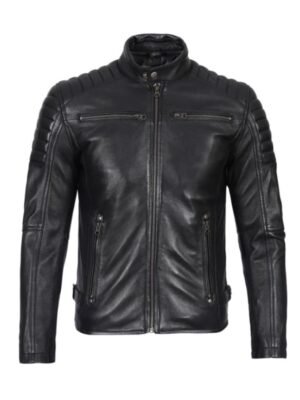 Mens Black Quilted Biker Leather Zipper Jacket
