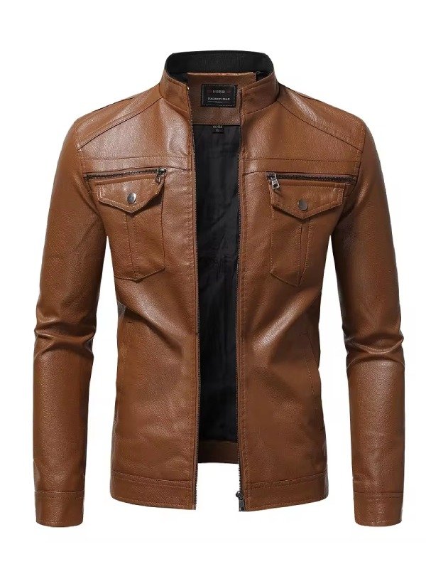 Mens Casual Slim Fit Brown Leather Jacket Mens Casual Slim Fit Button Pocket Brown Leather Jacket