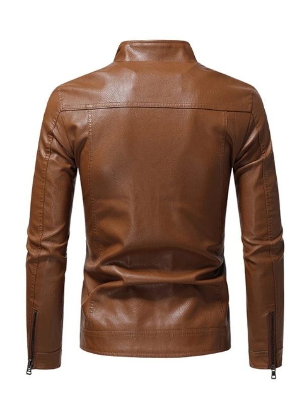 Mens Casual Slim Fit Button Pocket Brown Leather Jacket Mens Casual Slim Fit Brown Leather Jacket