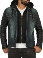 Mens Denim Hooded Leather Sleeves Jacket