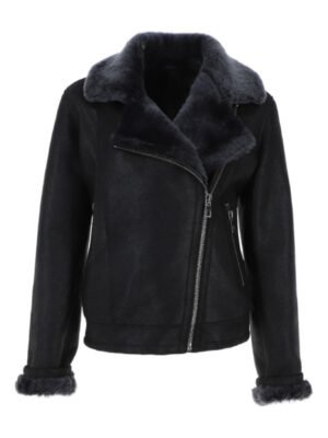 Womens Shearling Aviator Black Leather Jacket For Sale
