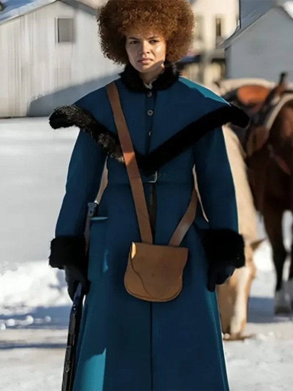 Leslie Grace Movie The Thicket 2024 Blue Fur Belted Coat The Thicket 2024 Leslie Grace Blue Fur Coat