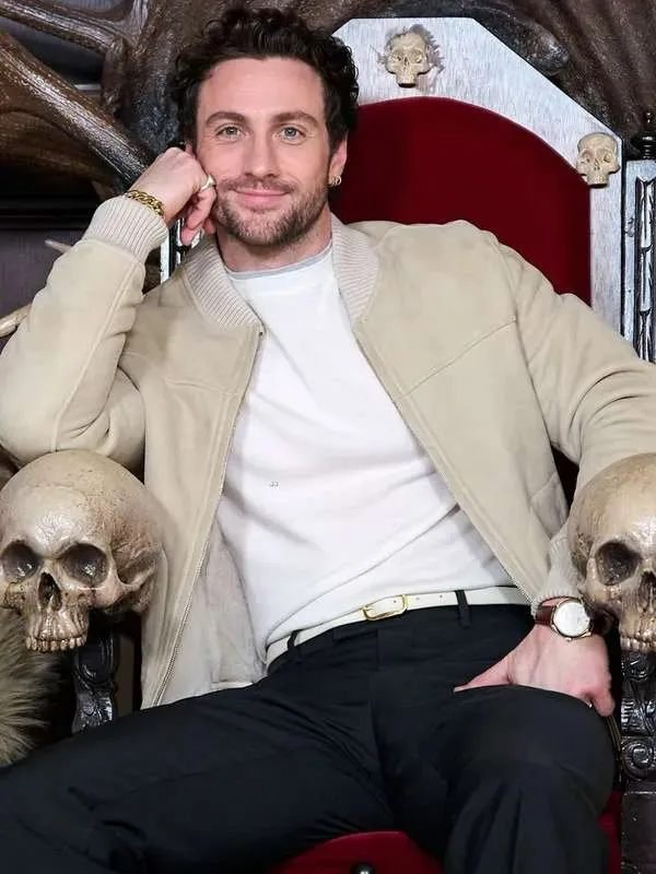 Aaron Taylor-Johnson Kraven The Hunter Film 2024 Beige Suede Bomber Jacket Kraven the Hunter Taylor-Johnson Bomber Jacket