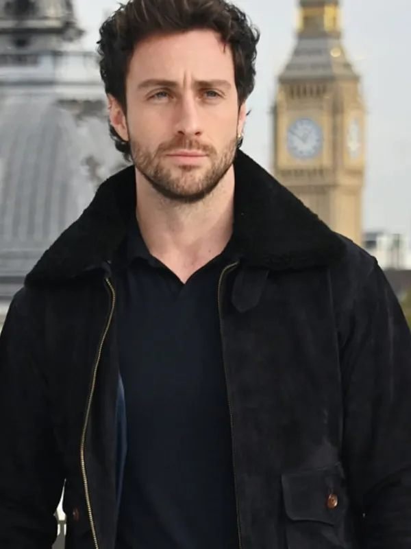 Aaron Taylor-Johnson Movie Premiere 2024 Kraven The Hunter Black Suede Leather Bomber Jacket Kraven The Hunter 2024 Aaron Taylor-Johnson Black Suede Jacket