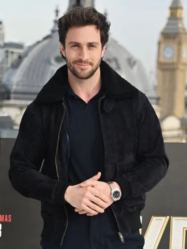 Kraven The Hunter 2024 Aaron Taylor-Johnson Black Suede Jacket Aaron Taylor-Johnson Movie Premiere 2024 Kraven The Hunter Black Suede Leather Bomber Jacket